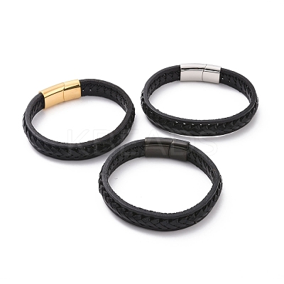 Black Leather Braided Cord Bracelet with 304 Stainless Steel Magnetic Clasps BJEW-P275-19-1