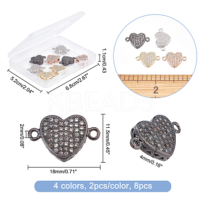 8Pcs 4 Colors Brass Micro Pave Clear Cubic Zirconia Connector Charms ZIRC-CA0001-20-1