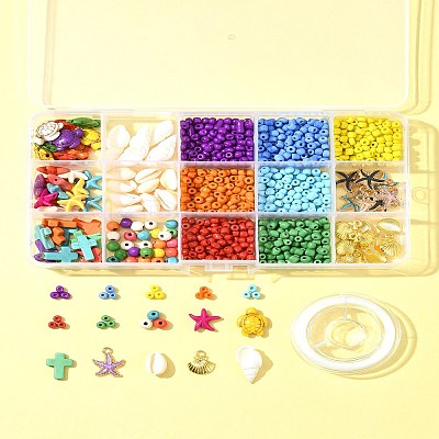 DIY Glass Seed & Synthetic Turquoise & Natural Cowrie Shell Bracelets Making Kits DIY-FS0007-11A-1