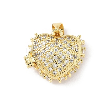 Heart Brass Clear Cubic Zirconia Locket Pendants KK-B141-10G-1