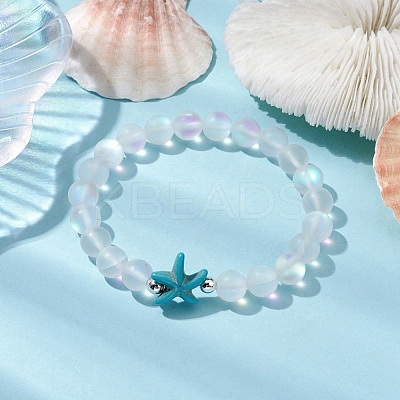 Beach Starfish Dyed Synthetic Turquoise Bead Bracelets BJEW-JB10252-02-1