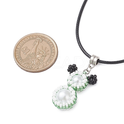 Glass Seed Beads & Glass Pearl Round Beaded Bear Pendant Waxed Cotton Cord Necklaces for Women Men NJEW-MZ00126-04-1