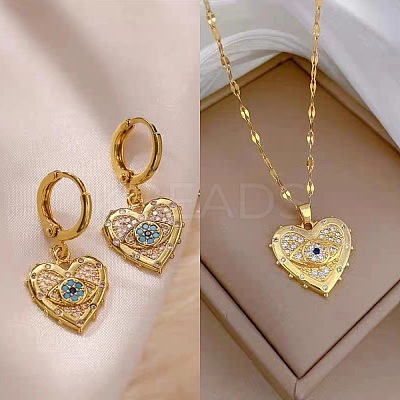 Heart with Eye Pattern 304 Stainless Steel Micro Pave Cubic Zirconia Pendant Necklace & Hoop Earrings Sets FS-WGB58AC-03-1