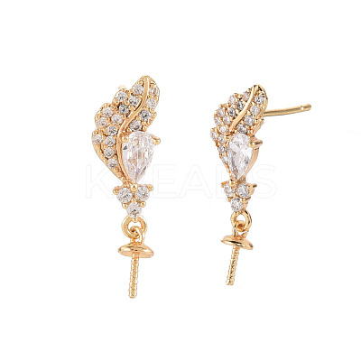 Feather Shape Brass Micro Pave Clear Cubic Zirconia Earring Findings KK-S356-435-NF-1
