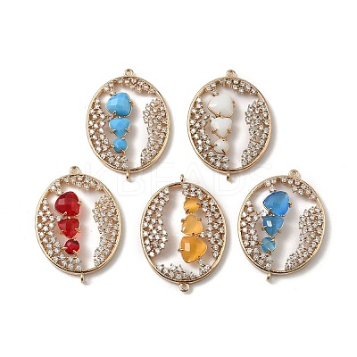 Brass Micro Pave Clear Cubic Zirconia and Glass Oval Connector Charms KK-I276-31G-B-1