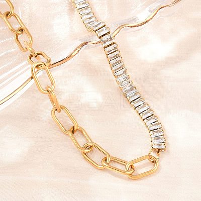 304 Stainless Steel Pave Clear Cubic Zirconia Tennis Chain Paperclip Chain Necklaces with OT Clasps NJEW-D326-02G-1
