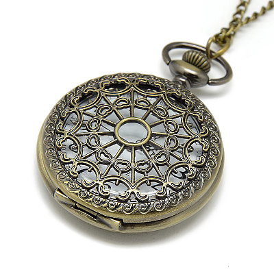 Alloy Flat Round Pendant Necklace Pocket Watch WACH-N012-04-1