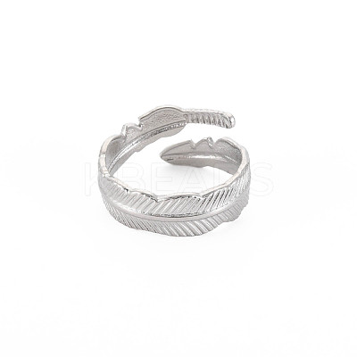 Non-Tarnish 304 Stainless Steel Leaf Open Cuff Ring for Women RJEW-S405-196P-1