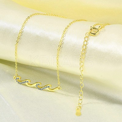 Brass Micro Pave Light Sky Blue Cubic Zirconia Wave Shaped Pendant Cable Chain Necklaces for Women NJEW-R005-01G-1
