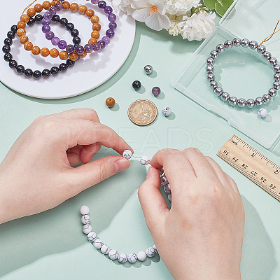 125Pcs 5 Styles Synthetic Howlite & Magnetic Hematite & Natural Amethyst & Obsidian & Tigerskin Jasper Round Beads G-WR0001-10-1