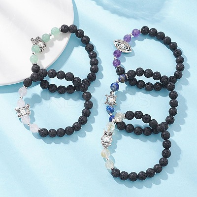 Natural Lava Rock & Mixed Gemstone Beads Stretch Bracelets BJEW-JB12869-1