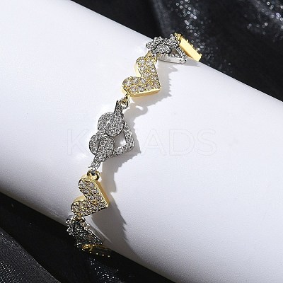 Heart Micro Pave Clear Cubic Zirconia Link Chain Bracelets for Women BJEW-C156-08A-GP-1