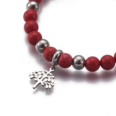 Natural & Synthetic Mixed Stone Round Beaded Stretch Charm Bracelets BJEW-L648-08-1