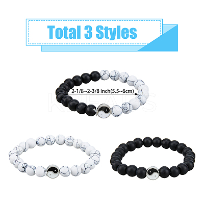 3Pcs 3 Styles Natural Howlite & Frosted Black Stone Beaded Stretch Bracelets Set BJEW-FI0001-21-1