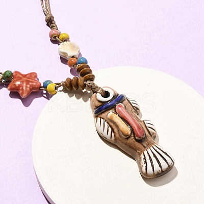 Ceramic Fish Pendant Adjustable Waxed Cord Necklaces for Women LS-NJEW-B146-03-1