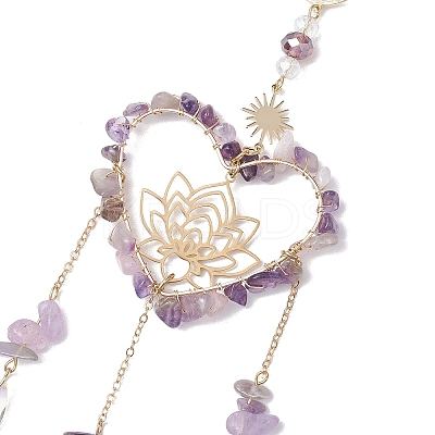 Natural Amethyst Chip & Brass Heart & Lotus Hanging Ornaments HJEW-TA00257-1