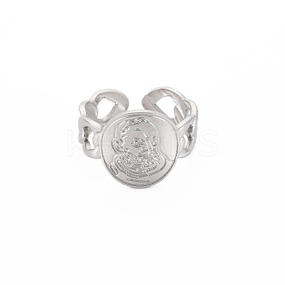 Non-Tarnish 304 Stainless Steel Oval with Human Wide Open Cuff Ring for Women RJEW-S405-164P-1
