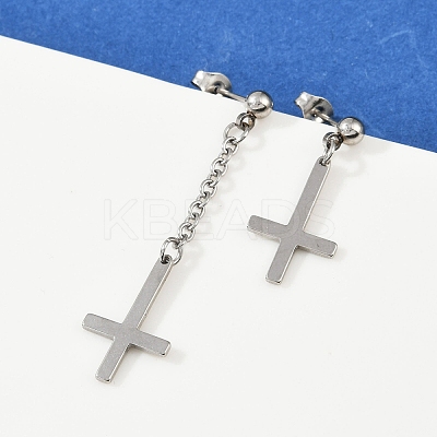 Christian Upside Down Cross 201 Stainless Steel Dangle Stud Earrings LS-EJEW-P314-01C-P-1