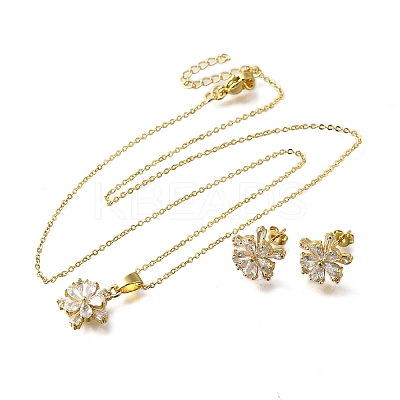 Flower Brass Micro Pave Clear Cubic Zirconia Stud Earrings & Pendant Necklaces Sets SJEW-Z002-04G-1