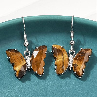 Natural Tiger Eye Brass Dangle Earrings EJEW-M081-01P-03-1