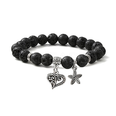 Natural Lava Rock Round Beaded Stretch Bracelets BJEW-JB09900-01-1