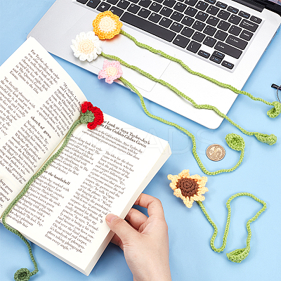 5Pcs 5 Styles Woolen Yarn Crochet Plant Bookmarks AJEW-CP0007-95B-1