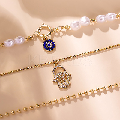 Zinc Alloy Iron Sapphire Rhinestone Hamsa Hand Pendant 3 Layer Necklaces FS-WGD7493-01-1