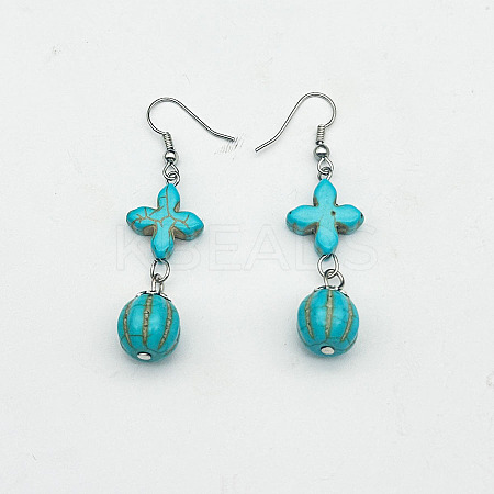 Cross & Round Ball Synthetic Turquoise & Alloy Dangle Earrings WG2299-8-1