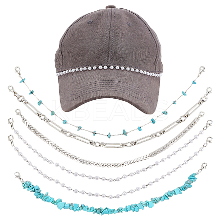 2 Sets 2 Styles Synthetic Turquoise & Plastic Imitation Pearl Beads & 304 Stainless Steel Link Baseball Cap Chain AJEW-GO0002-26-1