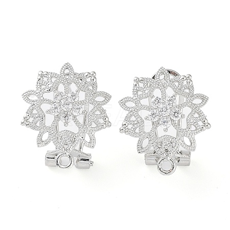 Hollow Flower Brass Micro Pave Cubic Zirconia Stud Earrings Finding KK-E083-14P-1