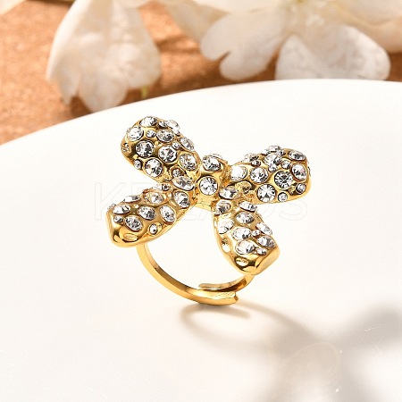 Bowknot 304 Stainless Steel Rhinestone Cuff Rings for Women RJEW-A058-01B-G-1