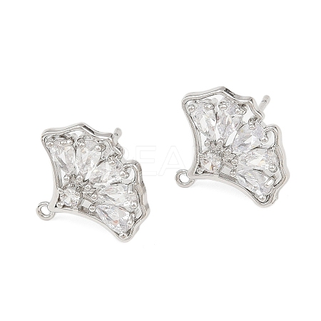 Ginkgo Leaf Brass Micro Pave Clear Cubic Zirconia Stud Earring Findings KK-F921-07P-1