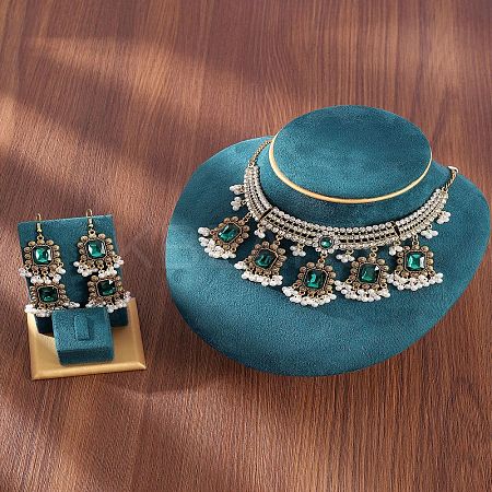 Rectangle Alloy Glass Choker Necklace & Earrings Sets for Women FS-WG507E8-03-1