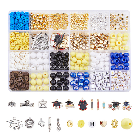 Graduate Theme Acrylic Beaded Stretch Bracelet with Alloy Enamel Charms DIY Making Finding Kit DIY-FH0006-73-1