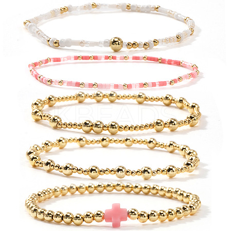 5Pcs 5 Styles Brass & Plastic & Glass Beads Stretch Bracelets LY1914-1-1