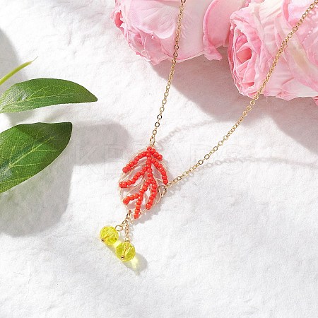 Handmade Glass Seed Beaded Leaf Shape Pendant Brass Cable Chain Necklaces for Women NJEW-MZ00127-02-1