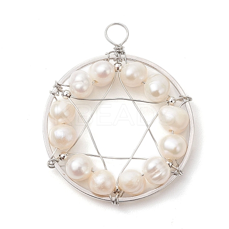 Natural Cultured Freshwater Pearl Round Beaded Ring Pendants PALLOY-JF02617-02-1