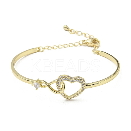 Infinity Heart Brass with Clear Cubic Zirconia Cuff Bangle with Safety Chains LS-BJEW-L683-02G-1