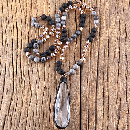 Bohemian Style Teardrop Glass Pendant Natural Lava Rock & Map Stone Round Beaded Long Necklaces for Women FS-WG767EC-01-1