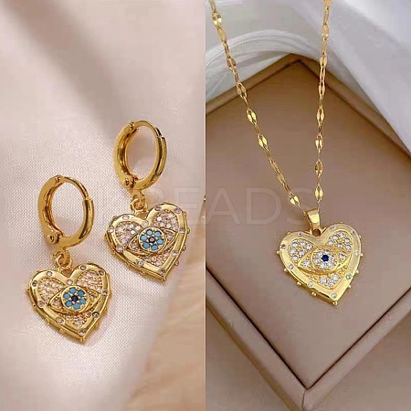Heart with Eye Pattern 304 Stainless Steel Micro Pave Cubic Zirconia Pendant Necklace & Hoop Earrings Sets FS-WGB58AC-03-1