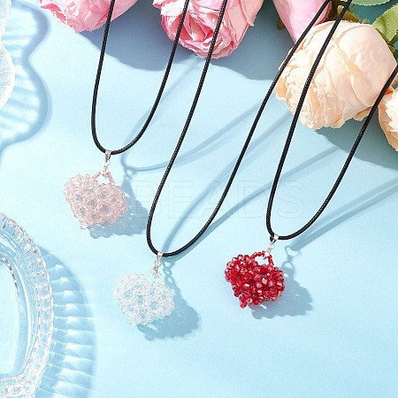 3Pcs 3 Colors Electroplated Glass Beaded Heart Pendant Black Waxed Cotton Cord Necklaces for Women NJEW-MZ00120-1