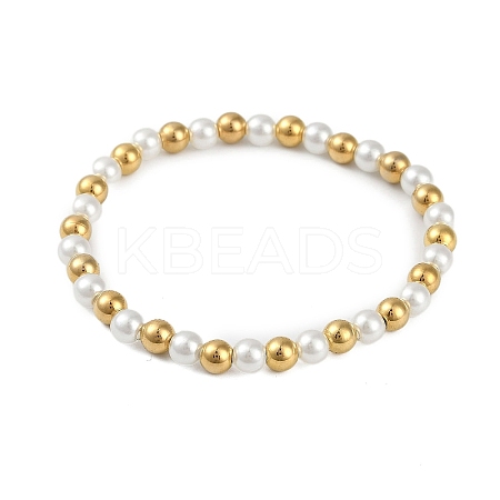 Ion Plating(IP) 304 Stainless Steel & Plastic Pearl Round Beaded Bracelets for Women BJEW-D046-01G-1