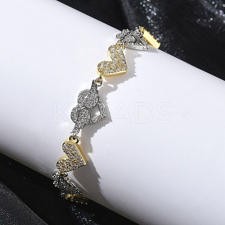 Heart Micro Pave Clear Cubic Zirconia Link Chain Bracelets for Women BJEW-C156-08A-GP-1
