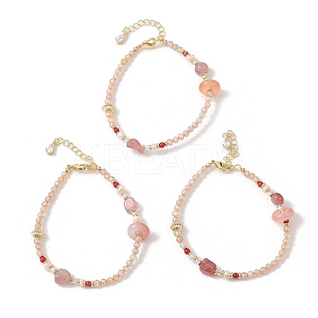 Natural Strawberry Quartz & Agate & Natural Pearl Beaded Bracelets BJEW-C068-08G-1