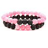 2Pcs 2 Styles Natural Rose Quartz & Lava Rock Round Beaded Stretch Bracelets for Couple FS-WGA2A2E-08-1