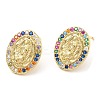Rack Plating Brass Oval with Virgin Mary Stud Earrings with Colorful Cubic Zirconia EJEW-A103-04G-1