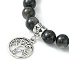 Natural Lava Rock & Silver Obsidian Beaded Stretch Bracelet with Alloy Charms BJEW-JB09453-3