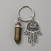 Bullet Natural Wood Lace Stone Pendant Keychain with Hamsa Hand/Hand of Miriam with Eye Charm KEYC-WH0029-79C-1