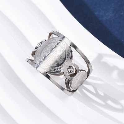 304 Stainless Steel Rhinestone Saint Benedict Open Cuff Rings RJEW-M069-01P-1