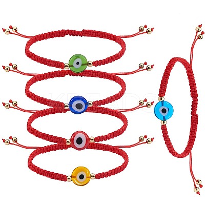 5Pcs 5 Colors Flat Round with Evil Eye Braided Bead Bracelets Set BJEW-SZ0002-18-1